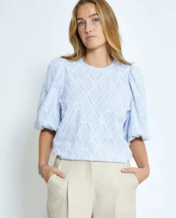 Astra Short Sleeve Blouse - Ice Blue Stripe