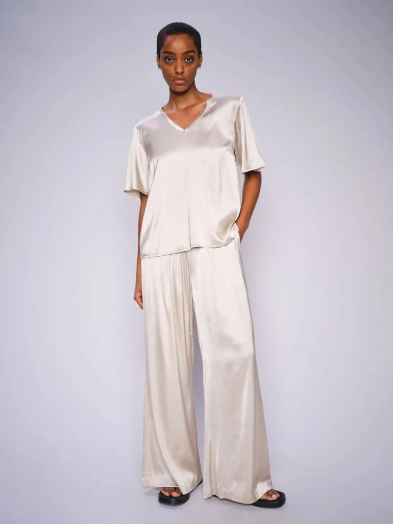 Evie V-Neck Satin Blouse - Feather Gray