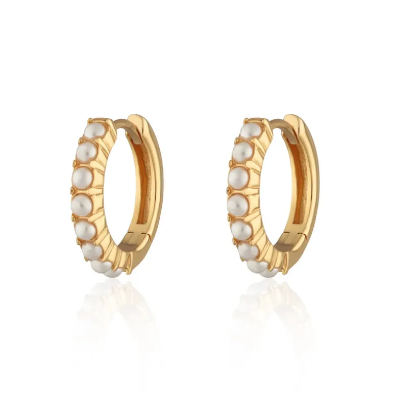 Large Pearl Huggie Hoop Earrings - Gold