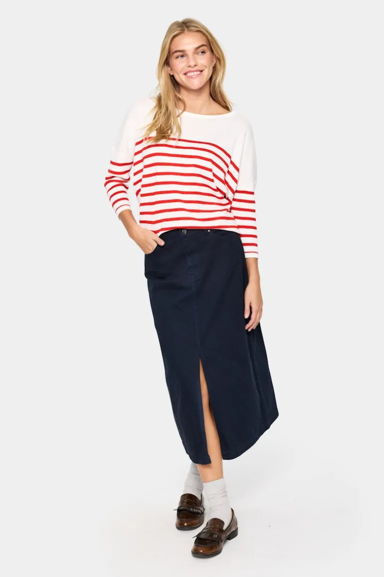 Mila R-neck St. Pullover - Ice and f. scarlet stripe