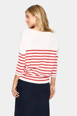 Mila R-neck St. Pullover - Ice and f. scarlet stripe
