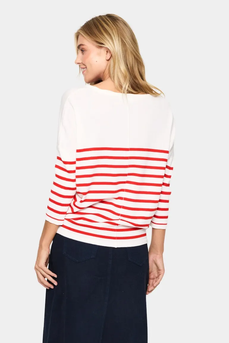 Mila R-neck St. Pullover - Ice and f. scarlet stripe