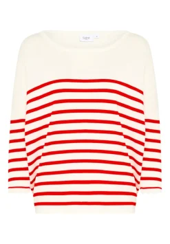 Mila R-neck St. Pullover - Ice and f. scarlet stripe