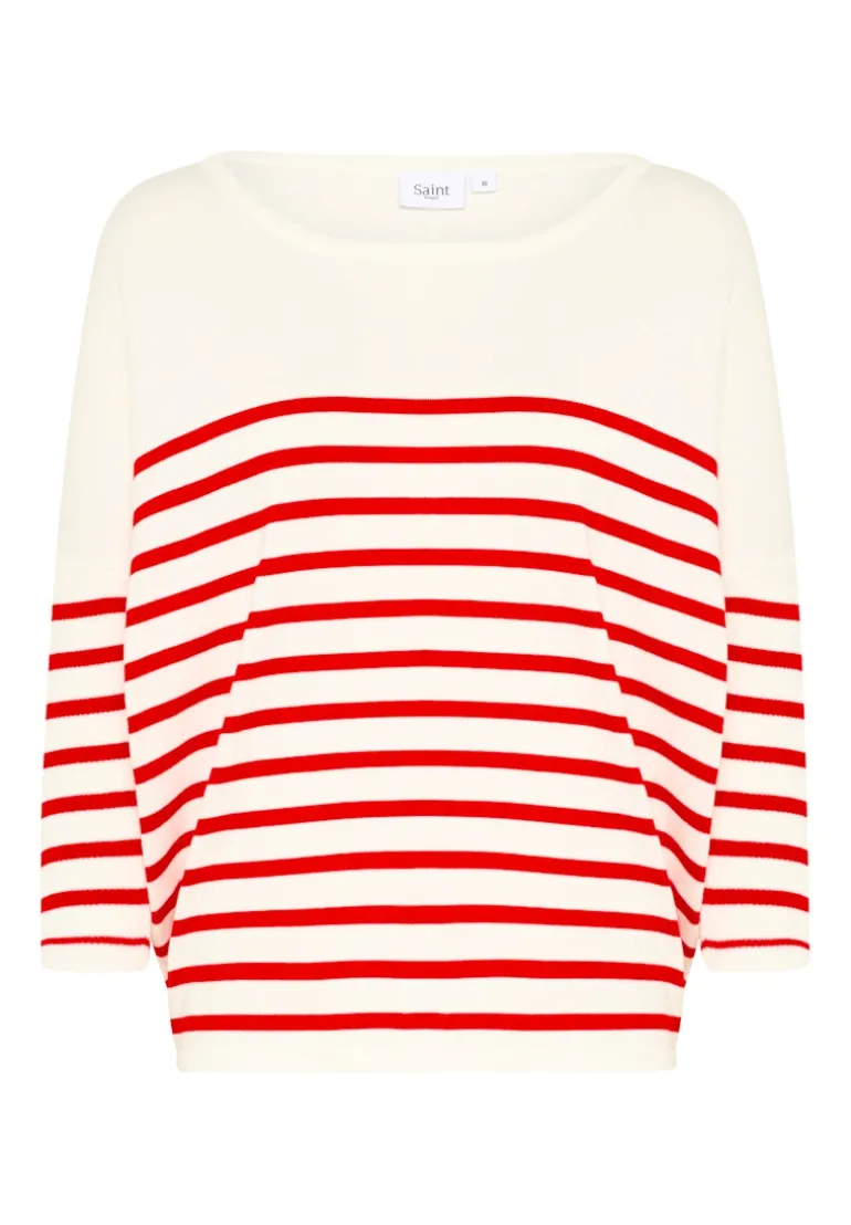 Mila R-neck St. Pullover - Ice and f. scarlet stripe