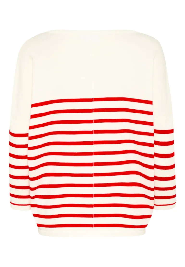 Mila R-neck St. Pullover - Ice and f. scarlet stripe