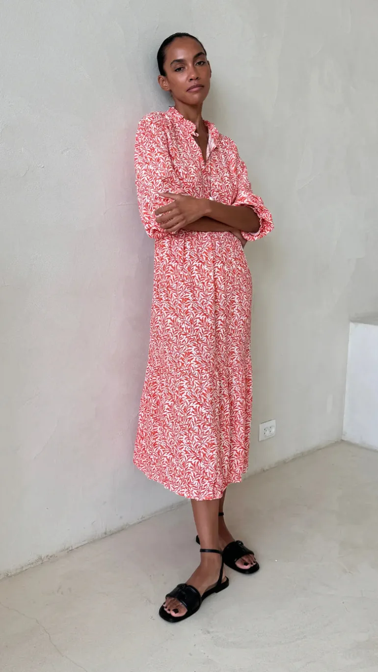 Olivia Dress - Coral Leaf Print