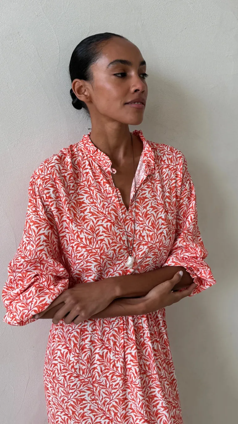 Olivia Dress - Coral Leaf Print