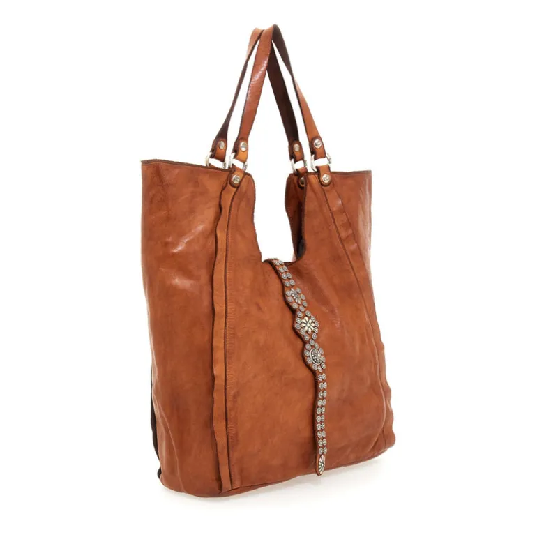Shopper with Flower Mix Studs - Cognac