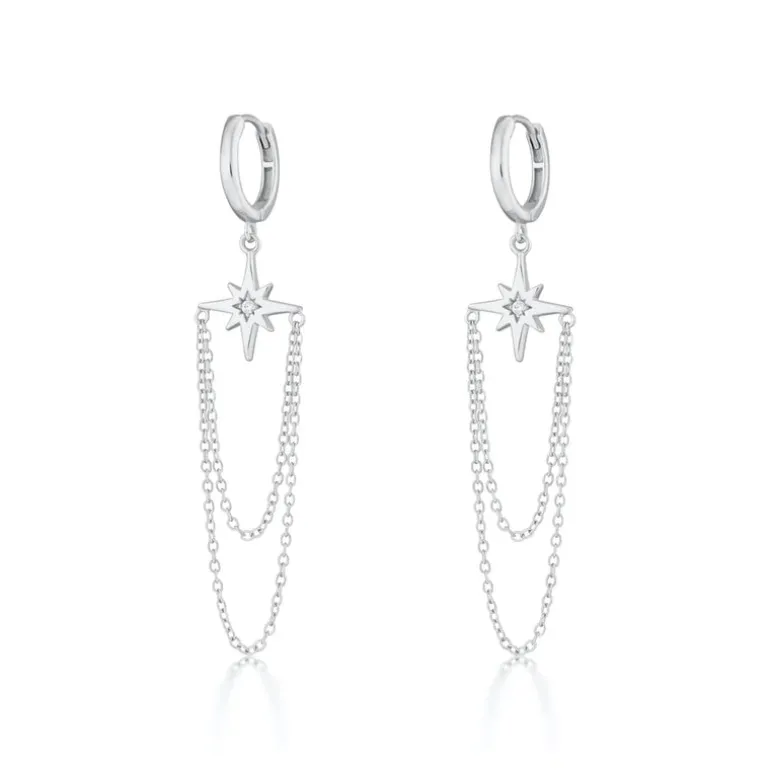 Starburst Chain Drop Hoop Earrings - Silver