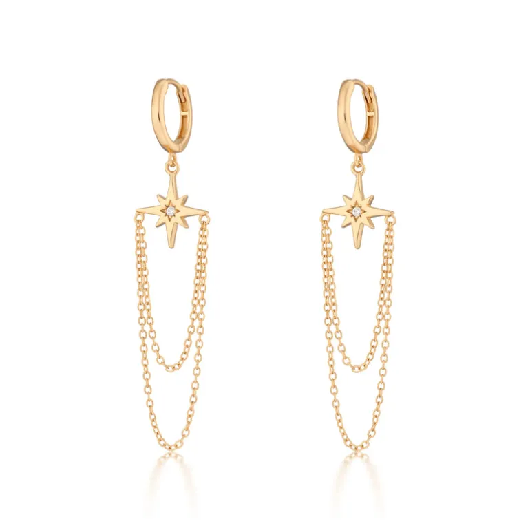 Starburst Chain Drop Hoop Earrings - Gold