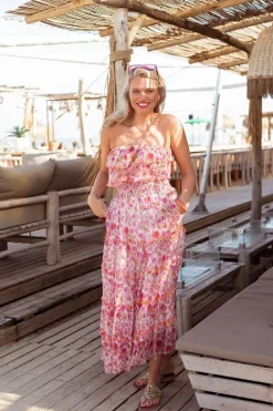 Strapless Ruffle Dress - Pink/Orange