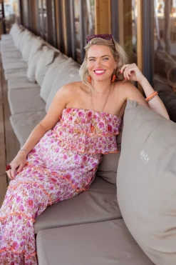 Strapless Ruffle Dress - Pink/Orange