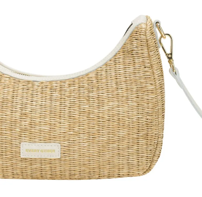 Straw Curve Top Baguette Bag - White