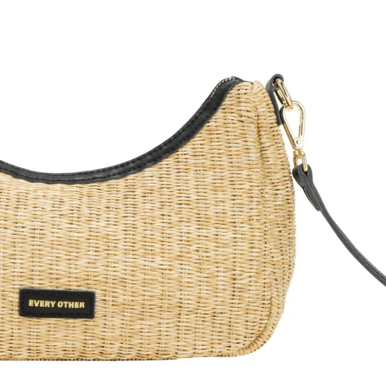 Straw Curve Top Baguette Bag - Black