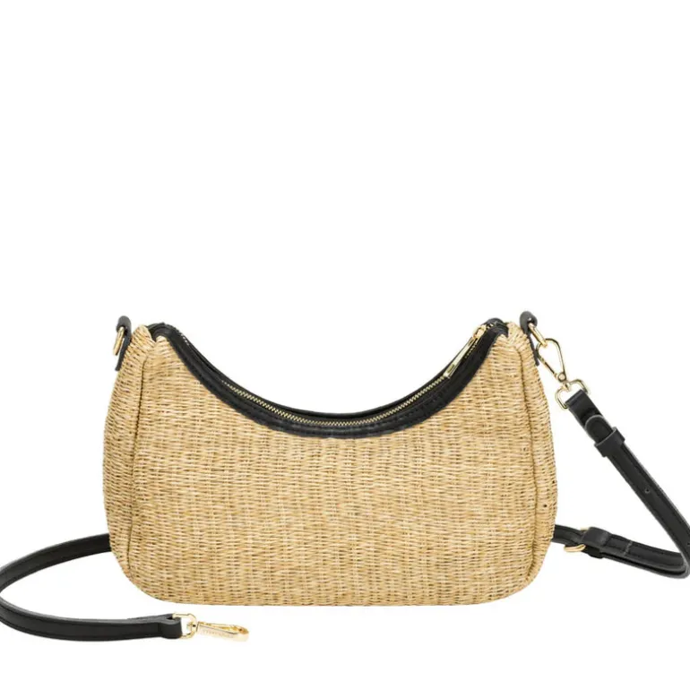 Straw Curve Top Baguette Bag - Black