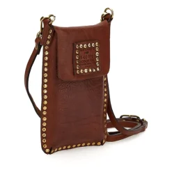 Studded Washed Leather Phone Case - Cognac